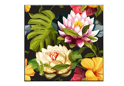 Постер «Яркая композиция с цветами кувшинок, лилий и пальмовыми листьями» (80 х 80 см) В прихожую На кухню В гостиную, гарантия 12 месяцев